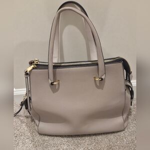 Neutral Beige Structured Leather Tote Bag with Gold Hardware